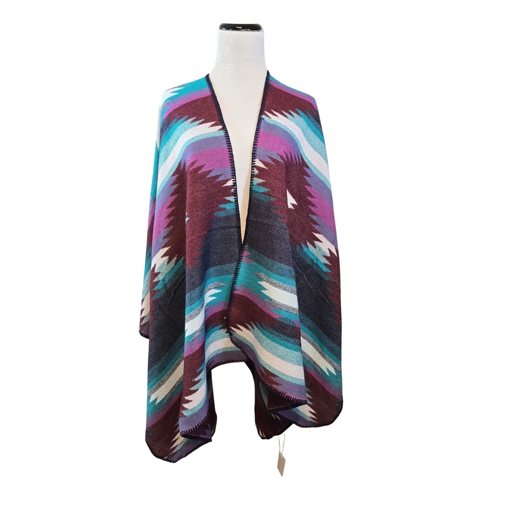 Avenue Zoe Women's Geometric Print Open Front Poncho Wrap Southwest Cowgirl New